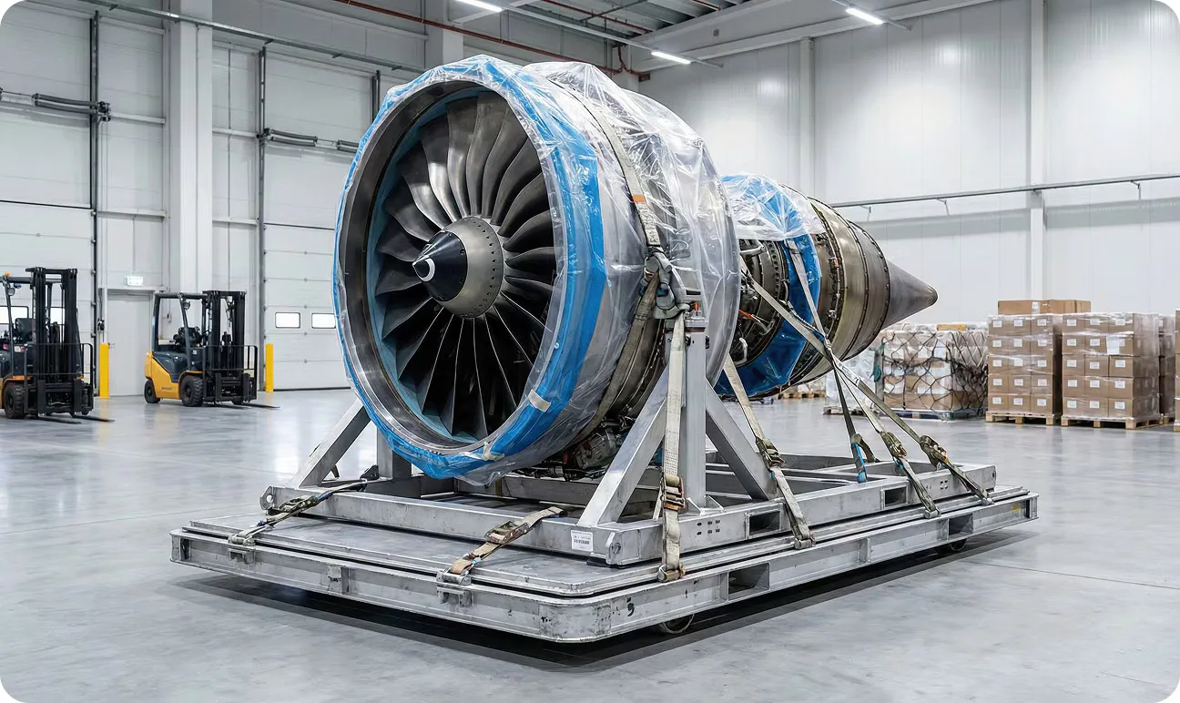 High-value automotive and aerospace freight in a controlled-access warehouse environment — the precision handling and security envelope these components require.
