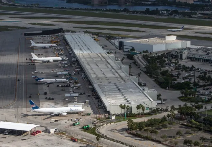 Miami International Airport's cargo apron west of the passenger terminals, where the airport's air-cargo operations handle 3.4 million tons annually — the U.S. #1 international air freight gateway.