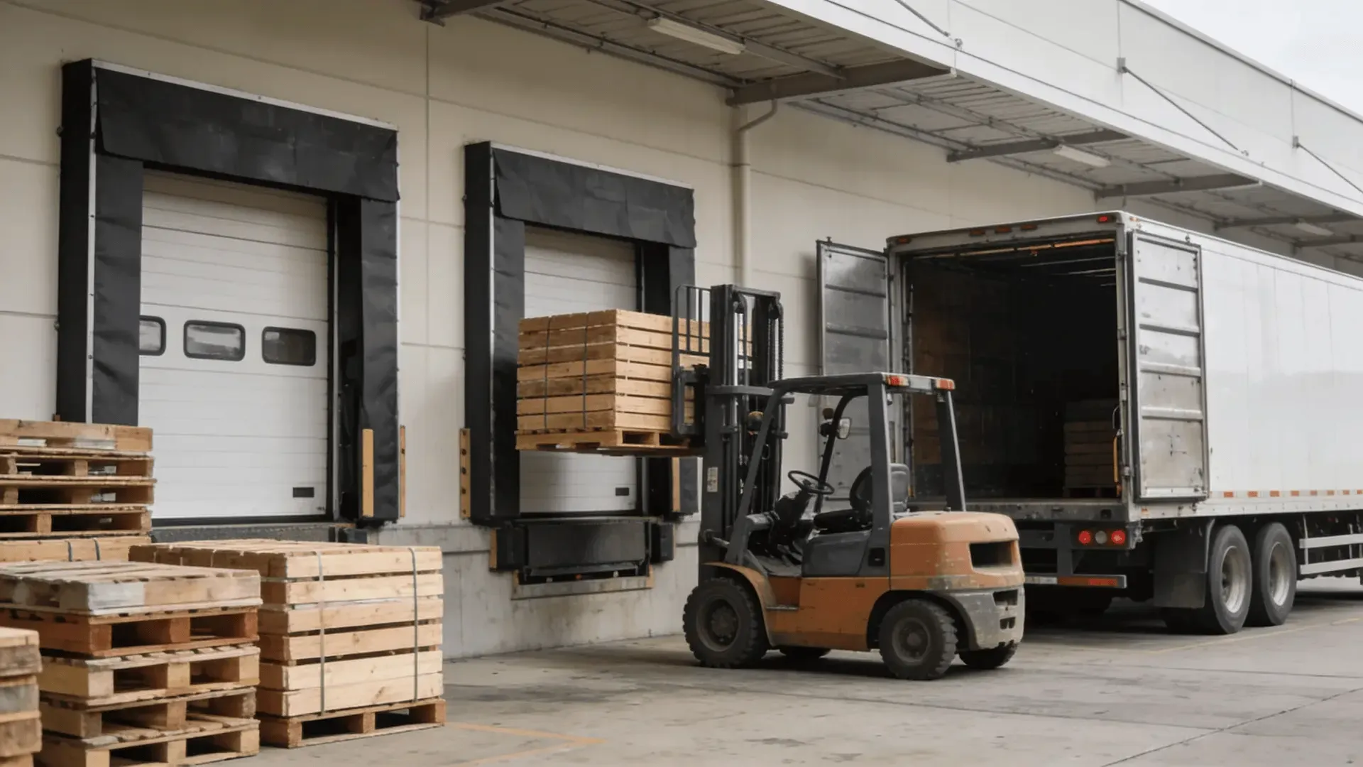 A distribution-floor workflow in operation — pallets staged on a dock, ready for the next leg out to the customer’s receiving network.