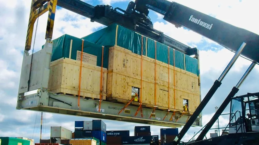 A freight truck staged at a loading dock — the rolling backbone of the South Florida cargo corridor, moving freight off the gateway docks and onto the inland network.